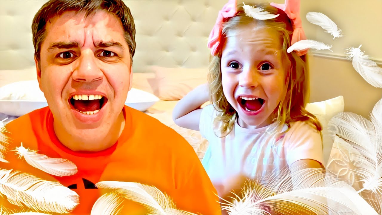 Nastya is trying to scare dad