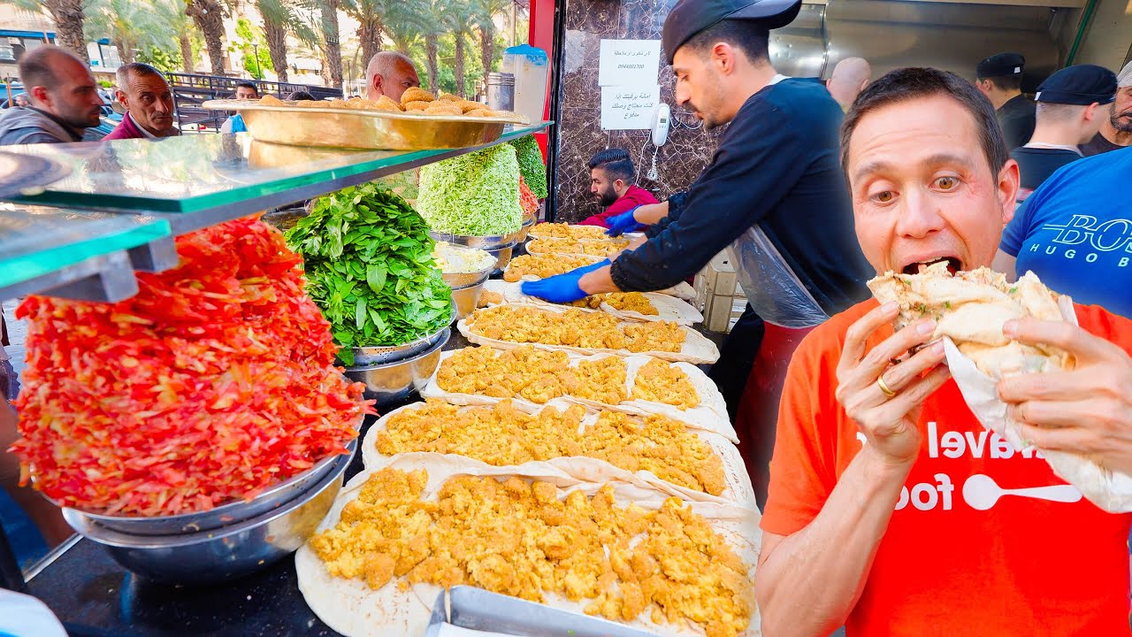 Street Food Paradise in Syria!! $1 FALAFEL MOUNTAIN SANDWICH in Aleppo, Syria!!