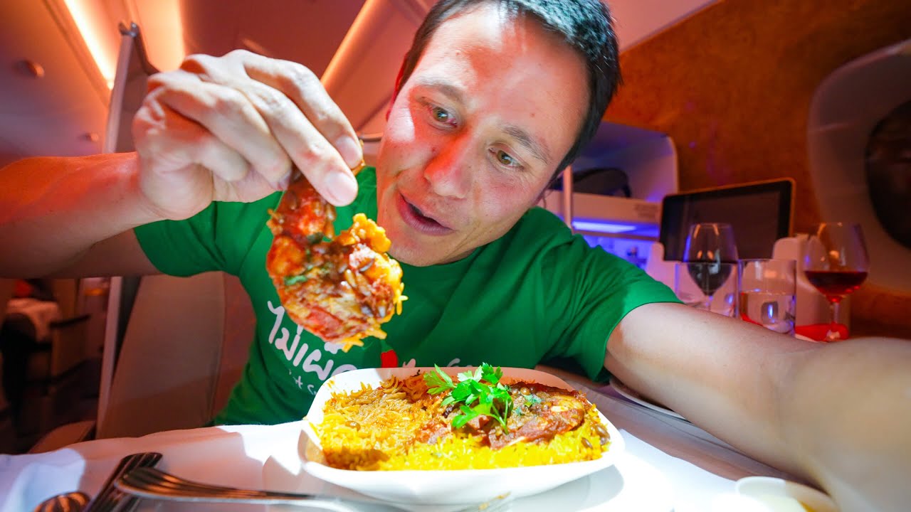 Emirates Food Review – HUGE SHRIMP MACHBOOS on Business Class!! | LA to Dubai