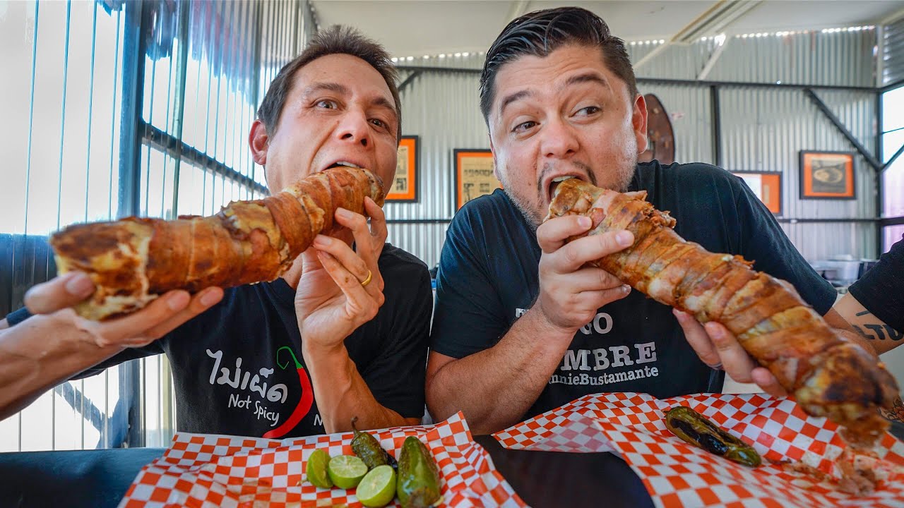 Mexican Street Food!!   Giant BACON WRAPPED BURRITO + Tostilocos!!