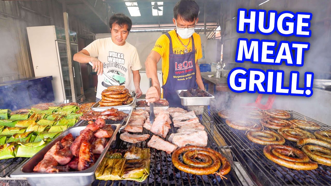 Thai Street Food – HUGE MEAT BBQ!! Sausage Coils + Curry Noodles in Mae Sariang, Thailand!