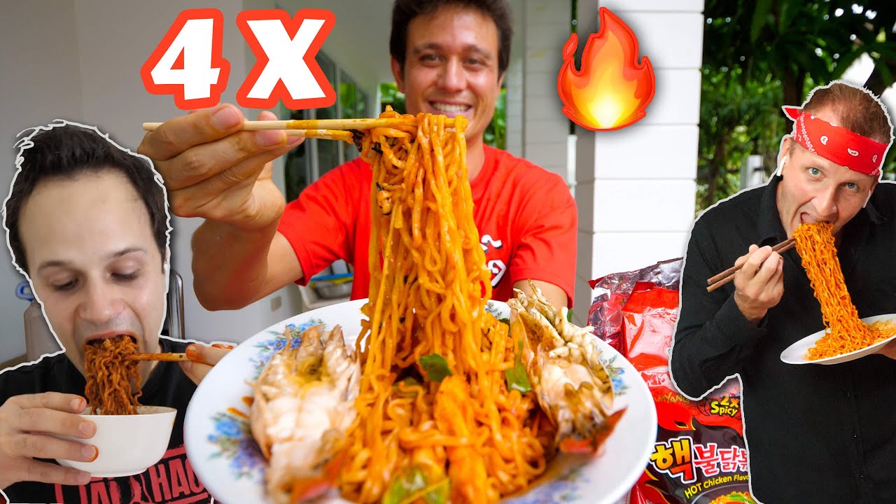 4 X Spicy FIRE RAMEN Challenge   EXTRA THAI CHILIES ️ @thefoodranger @BestEverFoodReviewShow​