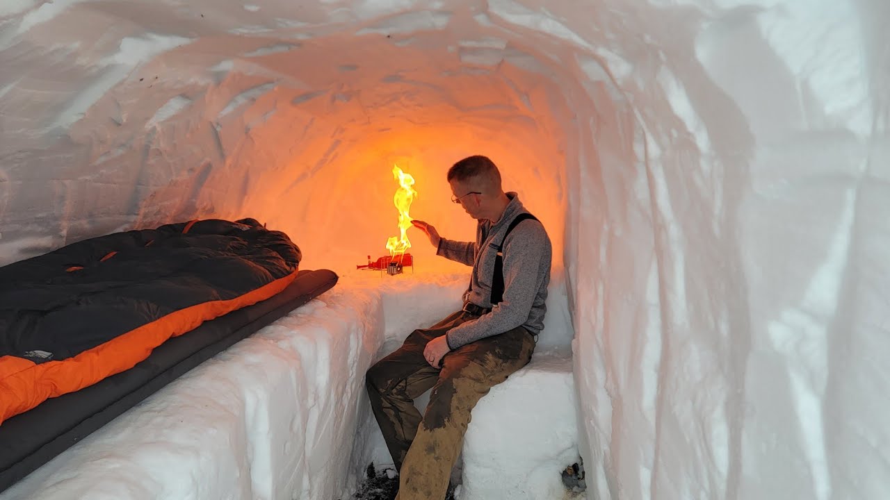 Dugout Shelter Under 10ft (3m) of Snow – Solo Camping in Survival Shelter During Snow Storm