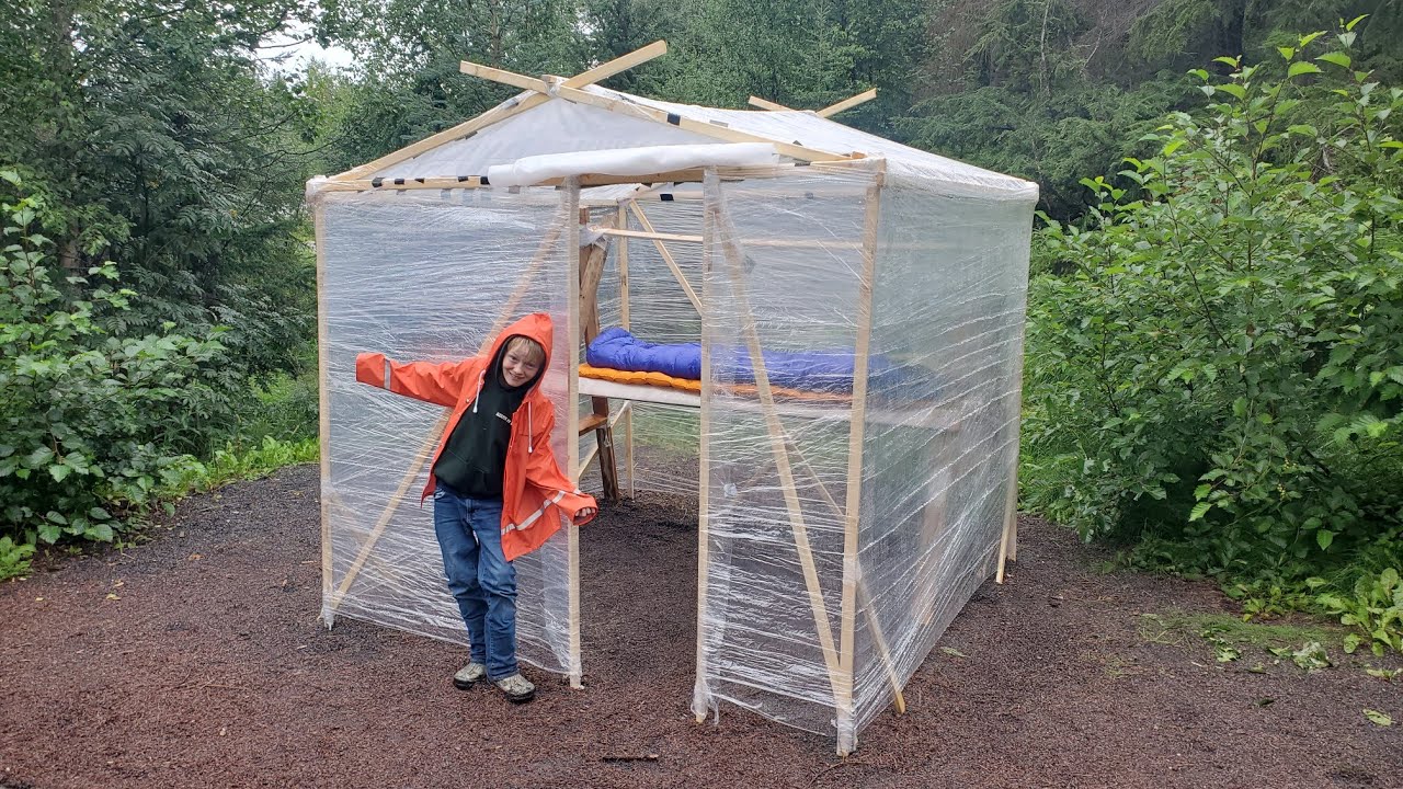 3 Days Camping in Cling Wrap Cabin – Crazy Bushcraft Shelter & DIY Greenhouse