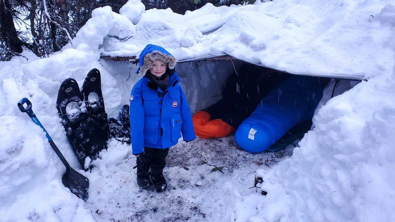 Survival Shelter Winter Camping in Blizzard – Deep Snow Camping in Alaska